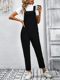 Lasaky - Chic Solid Color Button-Up Overall Jumpsuit for Women, Stylish Casual Wear Workwear Overalls With Bib Front And Buttons, Black Overalls And Rompers With Buttons, Black Jumpsuits And Rompers With Buttons, Black Overalls With Buttons, Jumpsuit For Women, Overall Jumpsuit, Polyester Material, Jumpsuits For Women, Types Of Printing