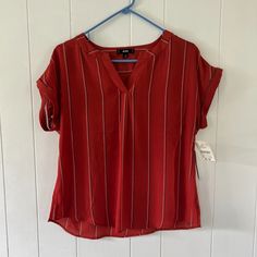 Mine Terracotta Striped V-Neck Blouse Junior's Size L. Nwt, Never Worn, Smoke Free Home. Red V-neck Blouse, Casual Red Split Neck Top, Spring V-neck Top With Notched Neckline For Work, Red V-neck Top For Workwear, Red V-neck Top For Work, Red V-neck Blouse For Work, Summer Split Neck V-neck Top For Work, Spring Workwear Tops With Notched Neckline, Spring Workwear Split Neck V-neck Top