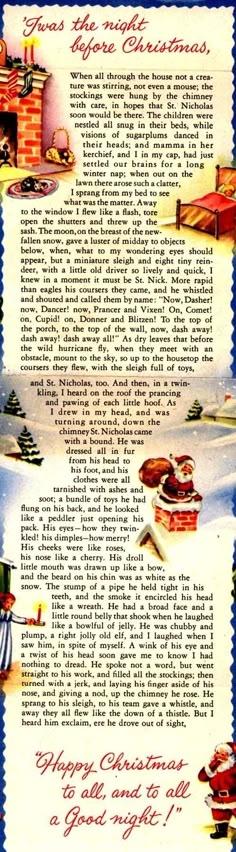 an old fashioned christmas card with santa's sleighs and presents on it