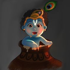 a painting of a baby sitting in a pot with a peacock on it's head