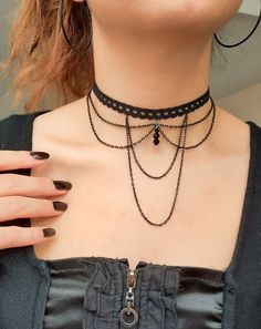 Black Choker Necklace , Chokers , Jewelry , Gothic ; Necklace materyal : embroidered lace fabric + black plated chain Necklace lenght : 31 cm + 5 cm adjustable lenght Color , colour : Black İtem no : 3333nb3333 Fantasy Choker Necklace, Black Jewelry Aesthetic, Black Chains Jewelry, Chocker Neckless, Black Jewelry Necklace, Victorian Choker Necklace, Gothic Choker Necklace, قلادات متدلية, Diy Choker