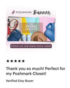 the postcard has an image of clothes and shoes on it, as well as text that reads thank you so much perfect for my poshmark closet