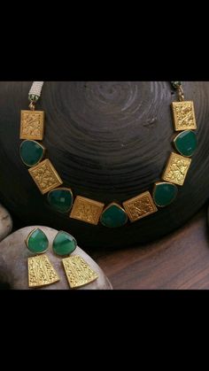 Gold plated and handcrafted with semi precious emerald stones necklace set Perfect for wedding and parties Pre order. Semi Precious Stone Jewelry, Jewelry Pakistani, Stone Necklace Set, Jewelry Stones, Kundan Jewelry, Semiprecious Stone Jewelry, Silver Jewellery Indian, Indian Jewellery Design Earrings, Stones Jewelry