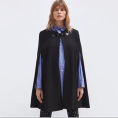 Zara Monteco, Premium Quilty Fabrics ( Limited Edition), Black, Wool 75%), Soft Inside Viscose (100%) Liner, Women’s Cape Coat. Nwot Size Xs, I Am Pretty Sure This Could Fit A Small & Med Too. -Side Pockets -Rope Woven Button Closure -Oversized -Fall -Autumn -Winter -Date Night -Winter Vacation -Versatile -Dress Up Or Down -Career Wear -Party -Night On The Town See Photos For Measurements Offers Welcome Poncho Coat Cape, Coat Cape, 75 Soft, Black Poncho, Poncho Coat, Cape Style, Wool Cape, Cape Coat, Career Wear