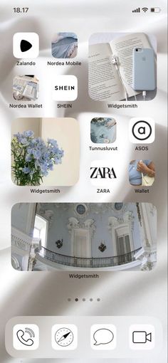 an iphone screen with several different images and text on the bottom right corner, including blue flowers