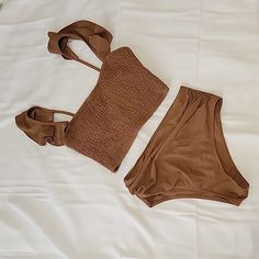 Solid Tankini Set Ruffle Trim Smocked Tank Top & Ruched Tummy Control Panty 2 Piece Bathing Suit. Coffee Brown Color. Size M. New, Never Worn. Tags Off. Brown Fitted Smocked Summer Top, Stretch Smocked Top With Ruched Detail For Beach, Fitted Brown Smocked Top With Smocked Back, Brown Bathing Suit, Coffee Brown Color, Tankini Swim Tops, Tankini Set, Coffee Brown, Tankini Top