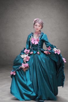 Emerald Green Floral Adorned Rococo Style Dress with Majestic Opulence and Victorian Ball Gown Flourish Plus Size - WonderlandByLilian Rococo Gown, Victorian Items, Gunne Sax Wedding Dress, Victorian Style Wedding Dress, Emerald Fabric, Antique Wedding Dresses, Victorian Ball, Victorian Style Wedding, 1700 Fashion