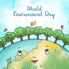 an illustration of the earth with trees and birds on it that says world environment day