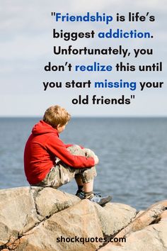 a little boy sitting on top of a rock next to the ocean with a quote about friends