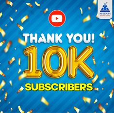 the words thank you 10k for subscibers on a blue background with gold confetti