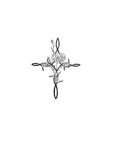 a drawing of a cross with flowers on it and barbed wire in the middle, against a white background