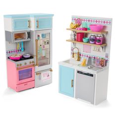 two play kitchen sets are shown side by side