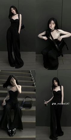 four different shots of a woman in black clothing sitting on stairs and posing for the camera