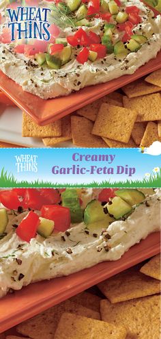 two plates filled with crackers and vegetables on top of each other next to a sign that says what thins creamy garlic - pea dip