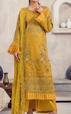 Marjjan Mustard Lawn Suit | Pakistani Lawn Suits Jacquard Suit, Pakistani Winter Dresses, Suit Pakistani, Winter Suits, Suits Online Shopping, Lawn Suit, Pakistani Lawn Suits, Jacquard Shirt, Lawn Dress