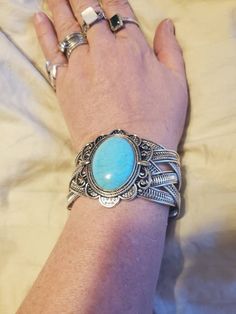 Large Turquoise Blue Oval Howlite Stone and Silver Toned Metal Bangle Bracelet, Southwestern Style, Costume Jewelry, Fashion Accessory This is a great find and very decorative.  This measures 2 inches wide, 6.50 inches long if laid flat. This is a great statement piece.  In wonderful condition. Check out our shop for monthly specials. We have a variety of items for every taste. Combine several of our items together to save on shipping. If you have any questions, please do not hesitate to ask. I will ship outside of the US, just request a quote. Happy Shopping. I will work around the priority mail price. Just send me your zip code and I will get a quote. As shop owners we will do our best to describe any issues or problems with our items. Since we do sell vintage and antiques there may be s Howlite Stone, Bleu Turquoise, Southwestern Style, Turquoise Blue, Bangle Bracelet, Priority Mail, Costume Jewelry, Bangle Bracelets, Happy Shopping