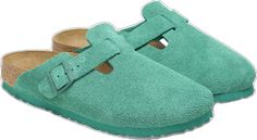 Casual Green Leather Clogs, Green Casual Mules With Leather Footbed, Trendy Leather Clogs With Cushioned Footbed, Comfortable Green Mules With Cushioned Footbed, Green Birkenstock, Birkenstock Boston Suede, Birkenstock Styles, Birkenstock Boston, Birkenstock Boston Clog