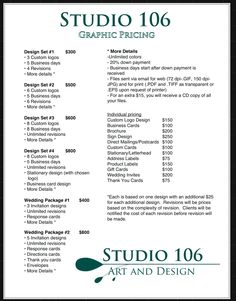 an advertisement for studio 106's art and design program, with the price list