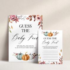 a white card with flowers and pumpkins on it, next to an envelope that says guess the baby food