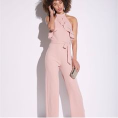 Perfect For Wedding Guest, Brunch Or Evening Night Out! New Without Tags! Elegant Pink Jumpsuit For Party, Elegant Pink Pantsuit For Party, Spring Wedding Fitted Jumpsuits And Rompers, Chic Spring Wedding Jumpsuits And Rompers, Chic Bridesmaid Jumpsuits And Rompers, Sleeveless Spring Wedding Pantsuit, Elegant Jumpsuits And Rompers For Spring Wedding, Fitted Jumpsuits And Rompers For Wedding Guest In Spring, Feminine Sleeveless Party Jumpsuits And Rompers