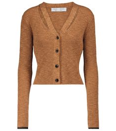 This cropped cardigan from Proenza Schouler White Label is made from a ribbed-knit cotton blend in a chestnut-brown hue. It has cut-out detailing around the neckline and the elongated sleeves are finished with contrasting semi-sheer trims. Brown Ribbed Cardigan For Work, Chic Cropped Ribbed Cardigan, Brown Cropped Sweater For Spring, Spring Brown Cropped Sweater, Trendy Fitted Brown Cropped Sweater, Cropped Ribbed Cardigan For Fall, Ribbed Cropped Cardigan For Fall, Rib Knit Cardigan, White Cardigan