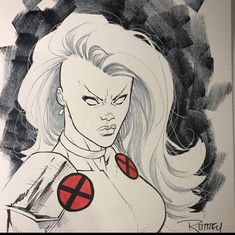 a drawing of a woman with white hair and red cross on her chest