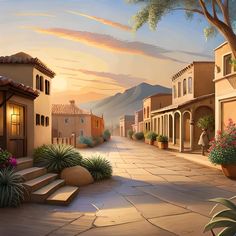 a painting of a street with steps leading up to houses and mountains in the background