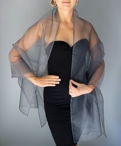 A very elegant organza shawl for your wedding party or evening dress. Made of a luxury organza. Color: silver grey (other colors are available) Size: 200 cm x 60 cm You can use it as a wrap, shawl or stola. WE have matching bags in our Etsy Shop! WE accept credit cards! Shawl With Slip Dress, Shaws For Formal Dresses, Evening Shawls And Wraps Weddings, Luxury Elegant Party Shawl, Organza Shawl Churidar, Shawl With Black Strapless Dress, Luxury Black Wrap Dress For Spring, Chic Silk Evening Shawl, Sheer Organza Veil For Party