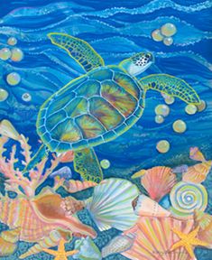 a painting of a turtle swimming in the ocean surrounded by shells and seashells