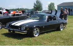 two classic muscle cars parked next to each other in a grassy area with people looking at them