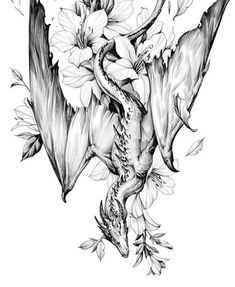 a black and white drawing of a dragon with flowers