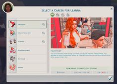 a computer screen with an image of a woman on the left side of the screen and text that reads select a career for lanana