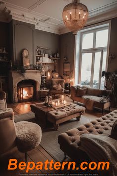 a living room filled with furniture and a fire place in the middle of the room