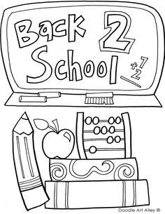 back to school coloring pages with pencils, books and an apple on the desk