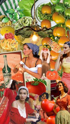 a collage of women dressed in vintage clothing and various fruits, vegetables, and food items