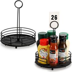 two metal racks holding condiments and sauces