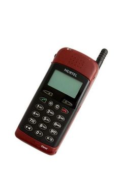 a red and black cell phone is on a white background with the word nettel above it