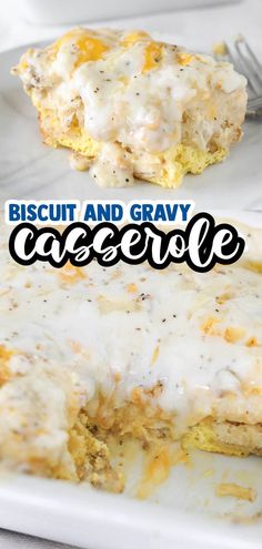 biscuit and gravy casserole on a white plate with a fork