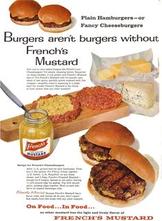 an old advertisement for burgers with meat and cheeseburgers