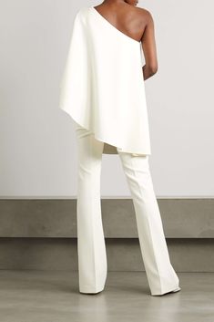 White Parties, Foo Foo, Cape Top, Cape Tops, Shoulder Cape, All White Party, Crepe Jumpsuit, Ruffle Jumpsuit, Cape Sleeves