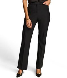 From Donna Karen&#x2C; these pants feature: Slim legPleated front Mid riseSlant front pocketsWelt back functional pocketsFront button/zip closure Approx. 28" inseamNylon/spandex Machine wash Imported. Workwear Bottoms With Hip Pockets, Full Length Bottoms With Hip Pockets For Workwear, Tailored Mid-rise Bottoms With Pockets, Workwear Dress Pants With Hip Pockets Full Length, Workwear Dress Pants With Hip Pockets, Full Length Dress Pants With Hip Pockets For Work, Wide Leg Workwear Bottoms With Zip Fly, Wide Leg Bottoms For Workwear With Zip Fly, Classic Business Casual Bottoms With Zip Fly