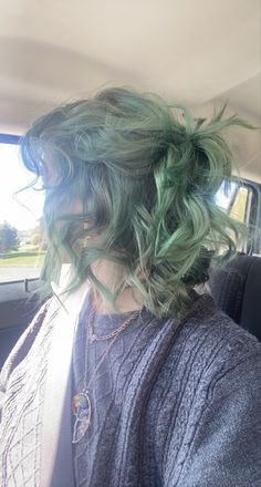 Army Green Hair Color, Short Hair Fun Colors, Green In Blonde Hair, Half And Half Short Hair Color, Short Wavy Colored Hair, Hair Ideas Short Aesthetic, Half Green Half Brown Hair, Dark Green Hair With Bangs, Sea Sick Green Hair