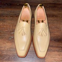 Handmade And Hand Painted Natural Leather Tasseled Loafer. Size 12 Business Tassel Loafers With Plain Toe, Classic Tassel Slip-on Loafers, Luxury Slip-on Loafers With Tassels, Luxury Tassel Slip-on Loafers, Luxury Tasseled Slip-on Loafers, Classic Tassel Loafers For Spring Galas, Spring Wingtip Tassel Loafers With Leather Sole, Classic Leather Tassel Loafers With Fringe, Beige Tassel Loafers With Leather Sole For Formal Occasions