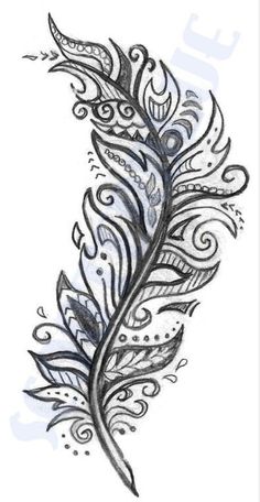 a black and white drawing of a feather with swirly feathers on it's tail