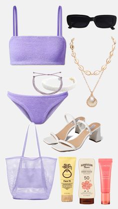 a woman's bathing suit and accessories including shoes, sunglasses, lipstick, suntand