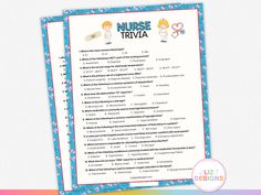 the nurse trivia game is shown on top of a rainbow colored background with pink and blue