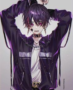 an anime character is holding his head with both hands and wearing a purple jacket, white shirt and black pants