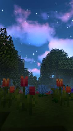 the sky and trees are lit up at night in this pixel - like scene from minecraft