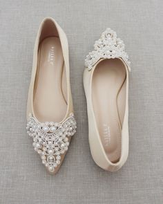 "Vintage pearls and rhinestones applique adorning simple yet chic pointy toe flats. Easy slip on with comfort for bride and wedding party. FIT: THIS STYLE RUNS LARGE, PLEASE ORDER 1/2 SIZE DOWN FROM YOUR NORMAL SIZE DETAILS: COLORS AVAILABLE: White, Off White, Dark Beige, Dusty Pink, Light Blue, Pink, Champagne and Royal Blue Satin UPPER: Synthetic upper and lining MATERIALS: Mandmade outsole STYLE NAME: VANITA Not sure of which size to purchase? Shoes measurements are as follow: (Please note me Pink Flat Wedding Shoes, Elegant Pearl Embellished Flats For Formal Occasions, Elegant Pearl-embellished Formal Flats, Elegant Pearl Embellished Formal Flats, Elegant Bridesmaid Pointed Toe Flats, Elegant Wedding Ballet Flats, Elegant Flat Heel Bridesmaid Wedding Shoes, Elegant Pointed Toe Flats For Bridesmaids, Elegant Pointed Toe Ballet Flats For Wedding