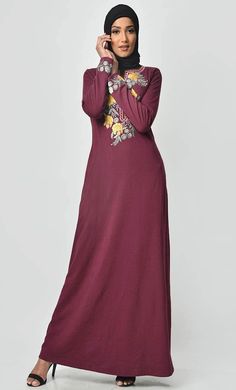 Floral Garden Embroidered Abaya - Maroon - EastEssence.com Casual Fall Abaya, Casual Long Sleeve Abaya With Modesty Panel, Casual Winter Abaya, Eid Long Sleeve Abaya With Floral Embroidery, Eid Abaya With Floral Embroidery And Long Sleeves, Spring Abaya With Modesty Panel, Casual Long Abaya For Fall, Long Sleeve Abaya With Modesty Panel For Fall, Casual Long Fall Abaya